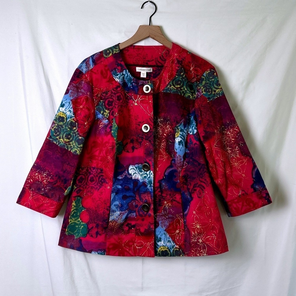Coldwater Creek Womens Artistic Patchwork Metallic Jacket Size 18 Pink Statement